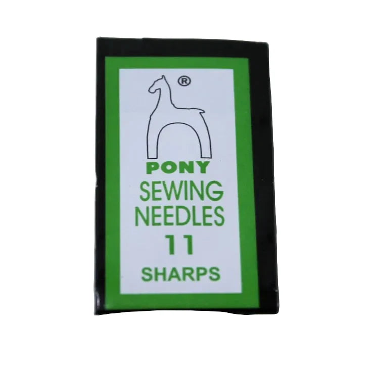A pack of 11 sharp sewing needles for horses or ponies, in a black plastic case with a green and white label featuring a horse logo.