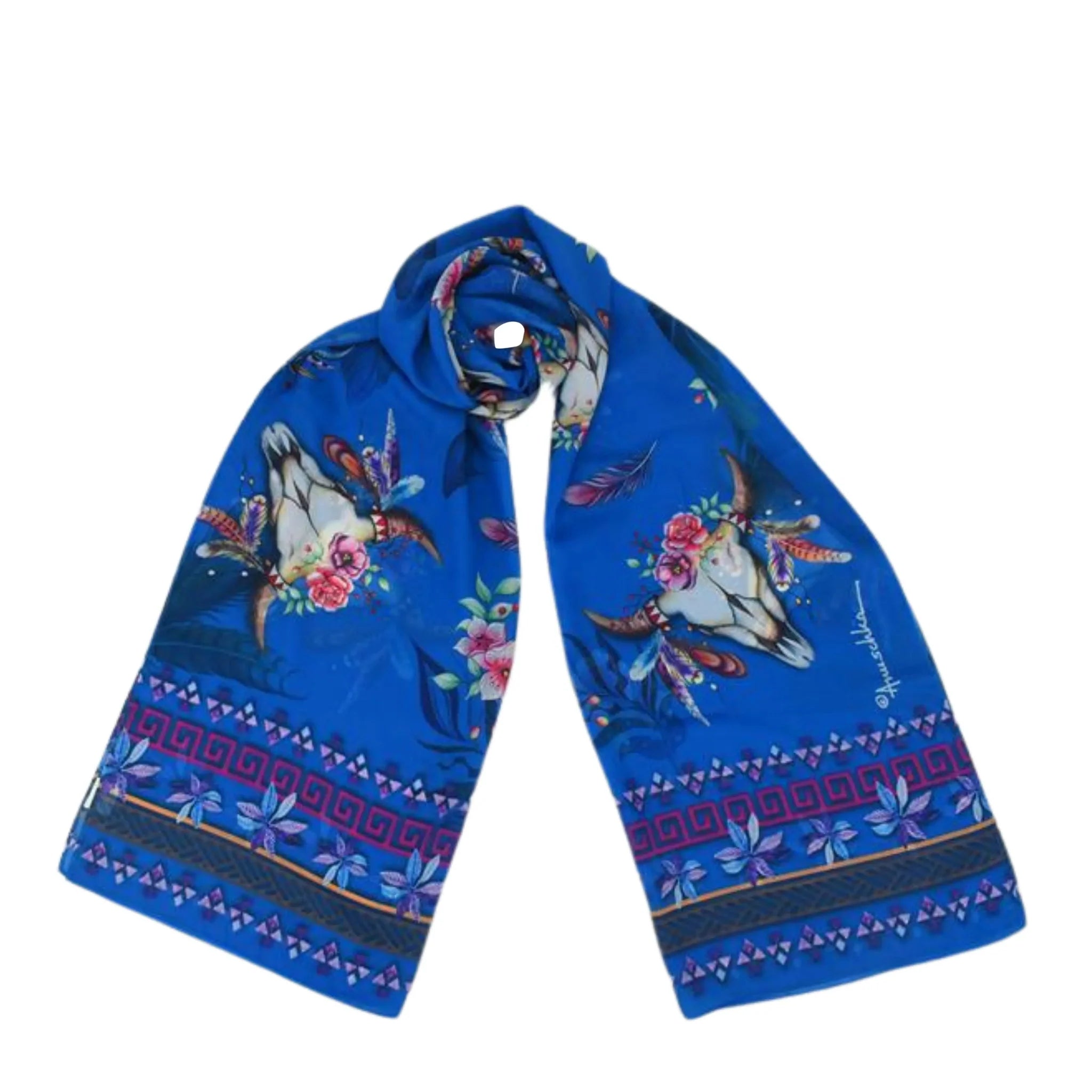 Chiffon Scarf – Buffalo Skull – Blue