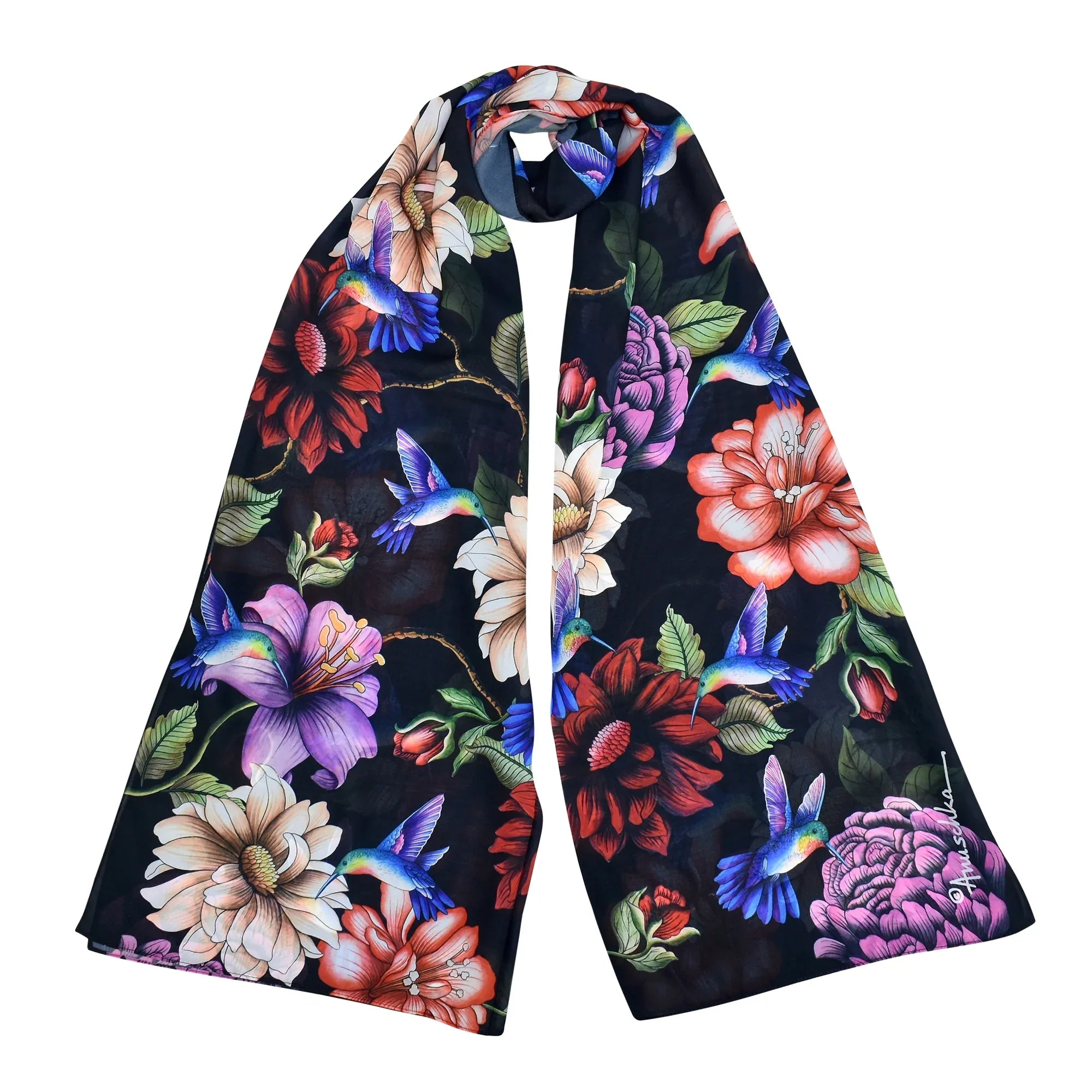 Chiffon Scarf - Floral & Hummingbirds