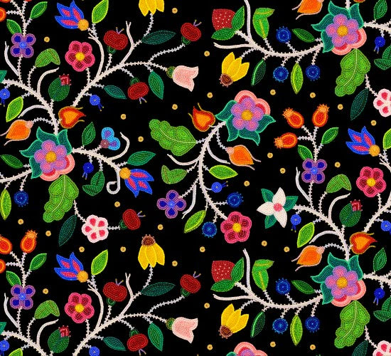 Spring Majesty Black Hand Beaded Floral Cotton Fabric | Ribbon Skirt Fabric