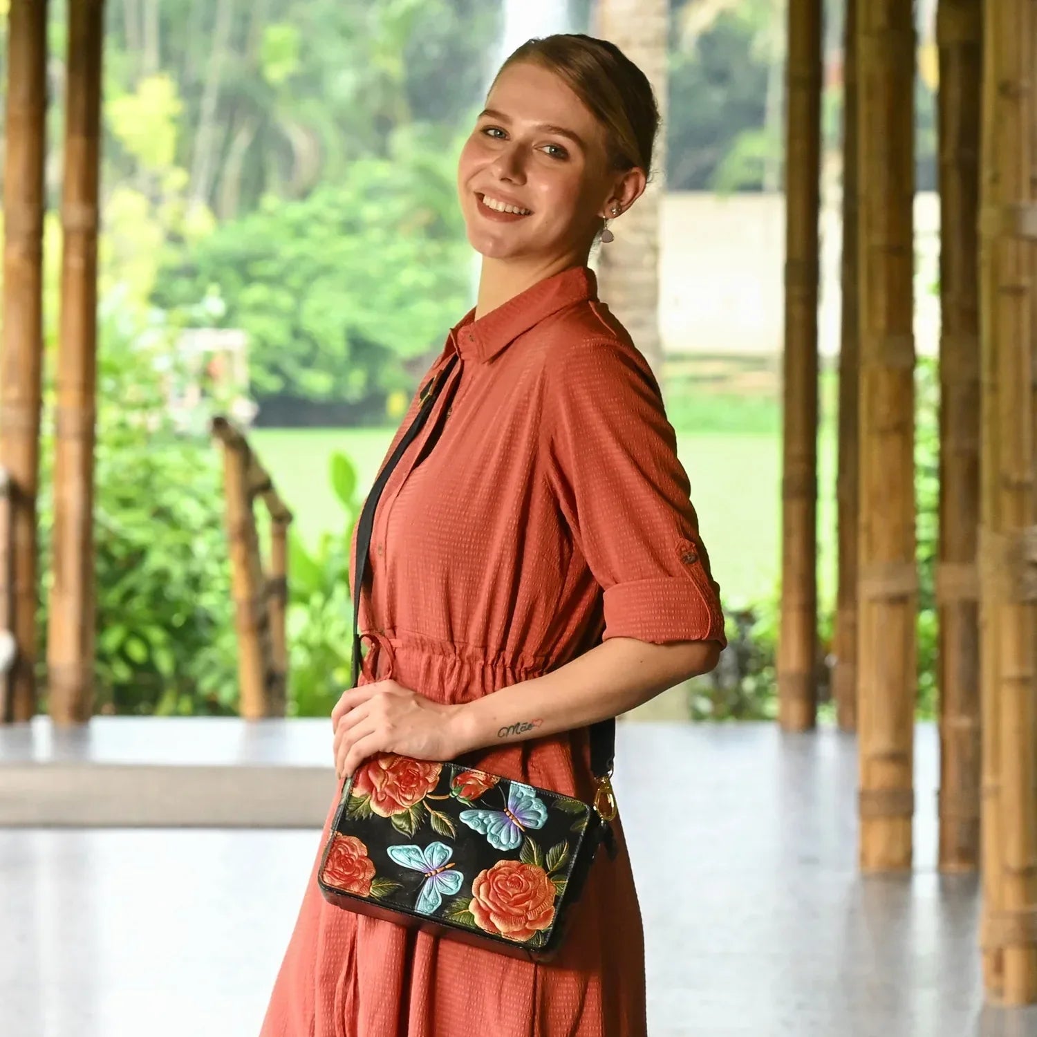 Triple-Compartment Crossbody Bag – Butterfly Floral