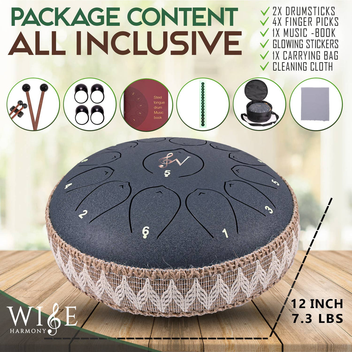12-Inch Steel Tongue Drum - 13 Notes - Rain Drum - Blue