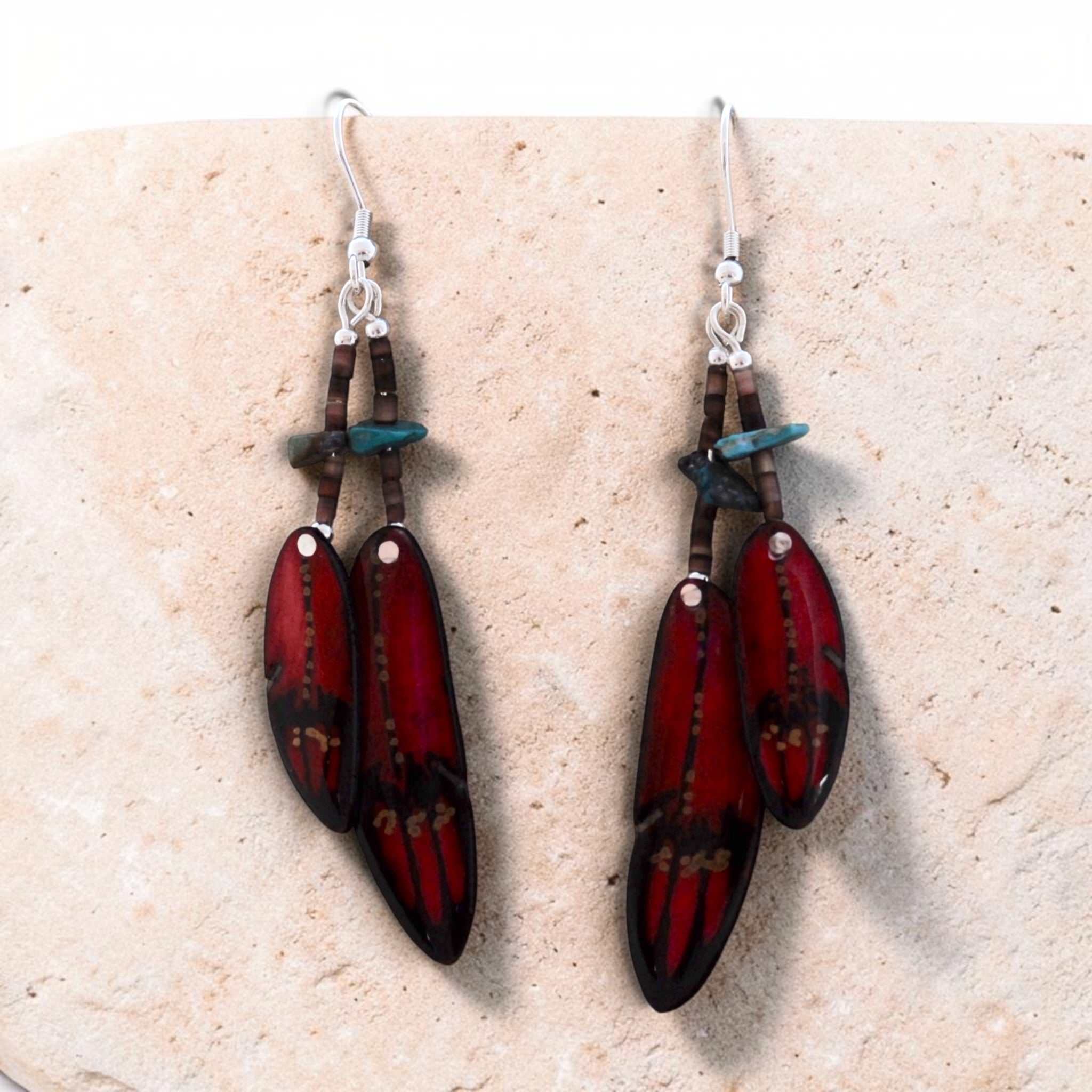 Antler Double Falcon Feather Earrings - Red