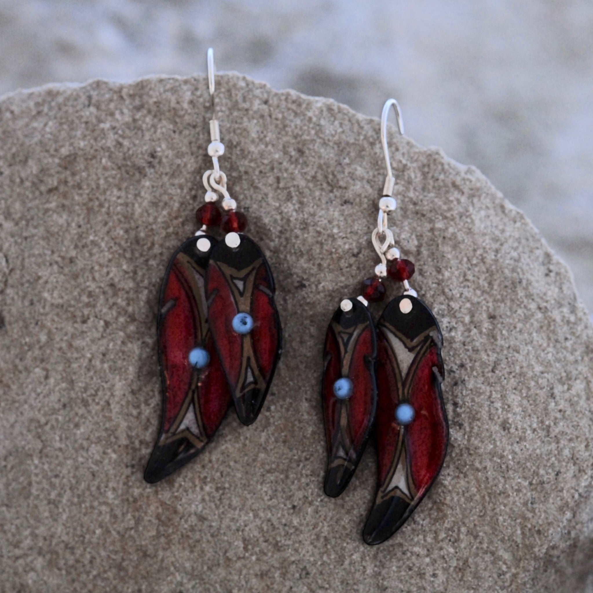 Antler Double Soaring Feather Earrings - Red