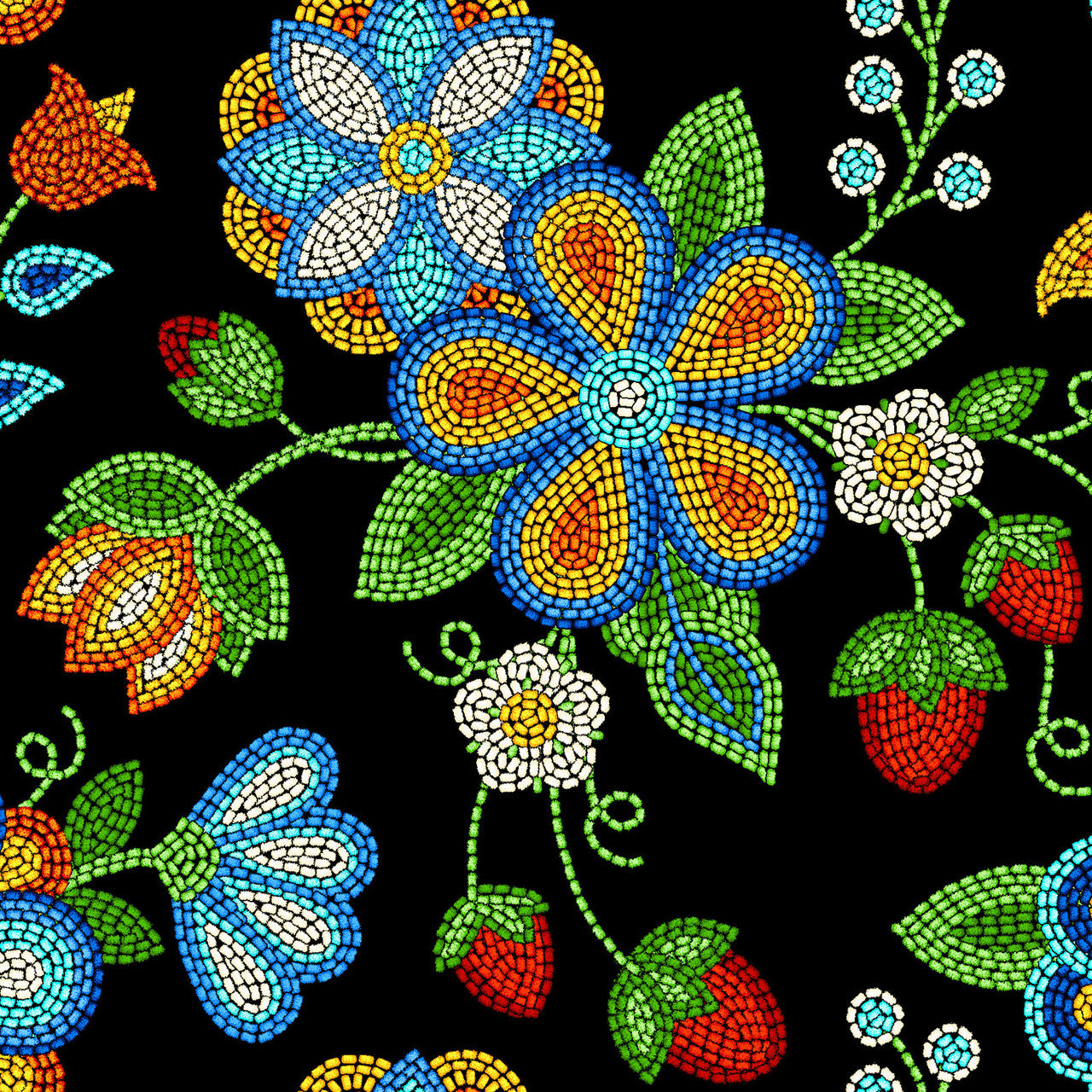 Tucson Beaded Strawberry Floral Black Cotton Fabric | Ribbon Skirt Fabric