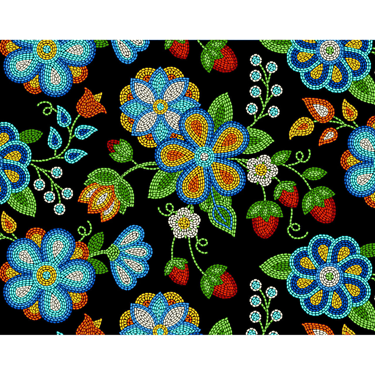 Tucson Beaded Strawberry Floral Black Cotton Fabric | Ribbon Skirt Fabric