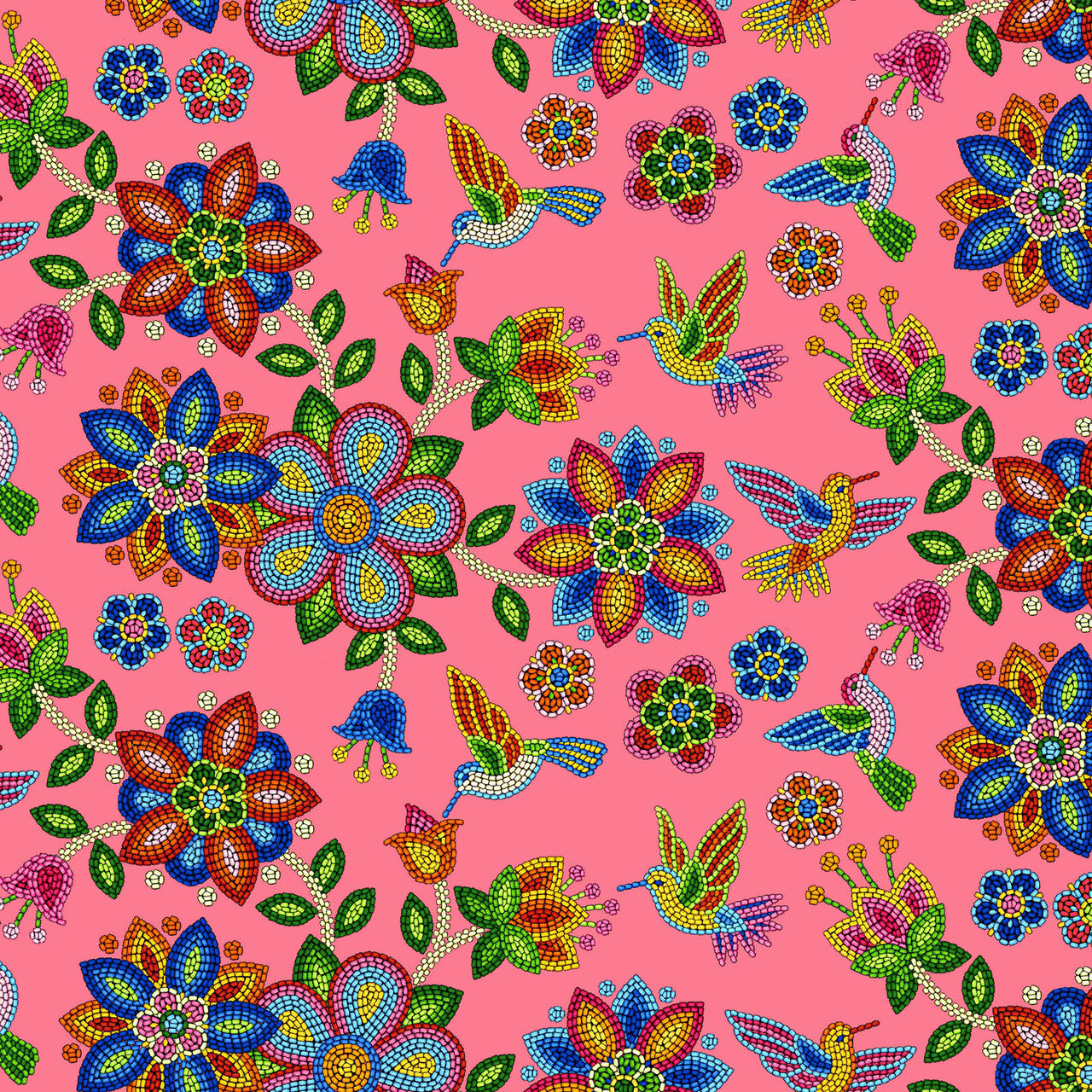 Tucson Beaded Hummingbird Floral Coral Cotton Fabric | Ribbon Skirt Fabric