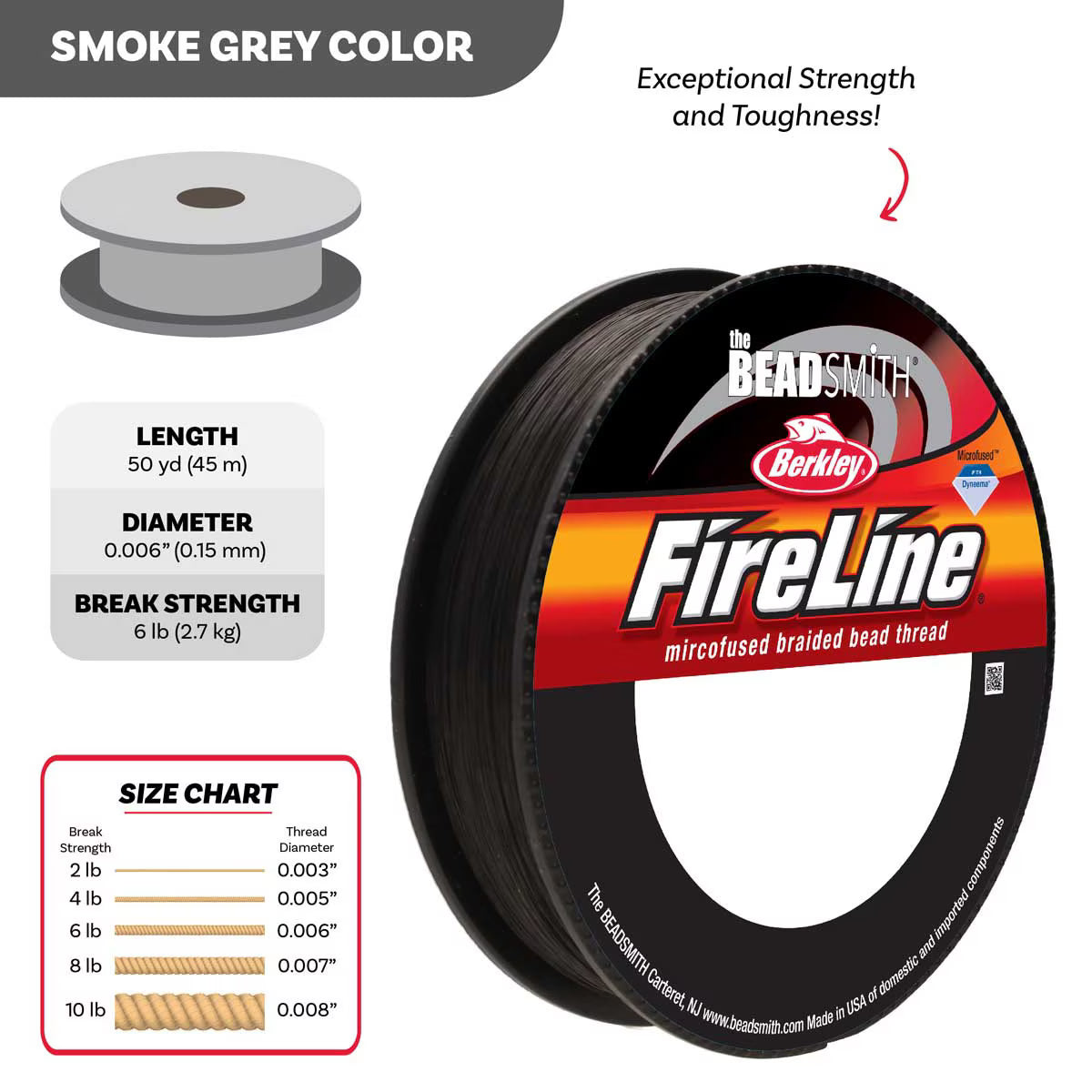 FireLine Beading Thread – 6 lb Smoke Grey | .006” / .15mm | 50 Yard Spool