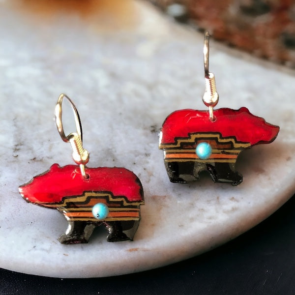Red Walking Bear Earrings - Handmade Moose Antler Jewelry