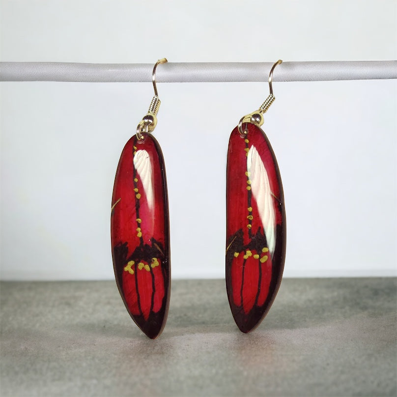 Red Falcon Feather Earrings - Hand Painted Moose Antler Jewelry
