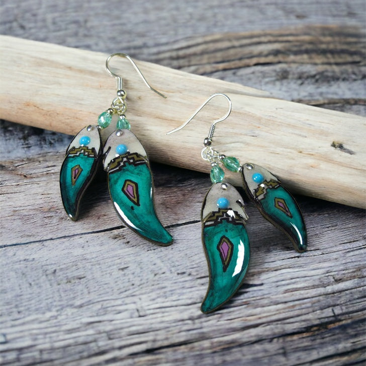 Teal Double Soaring Feather Earrings - Handmade Moose Antler Jewelry