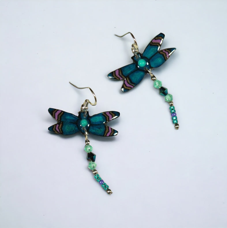 Blue Dragonfly Antler Earrings - Handmade Moose Antler Jewelry