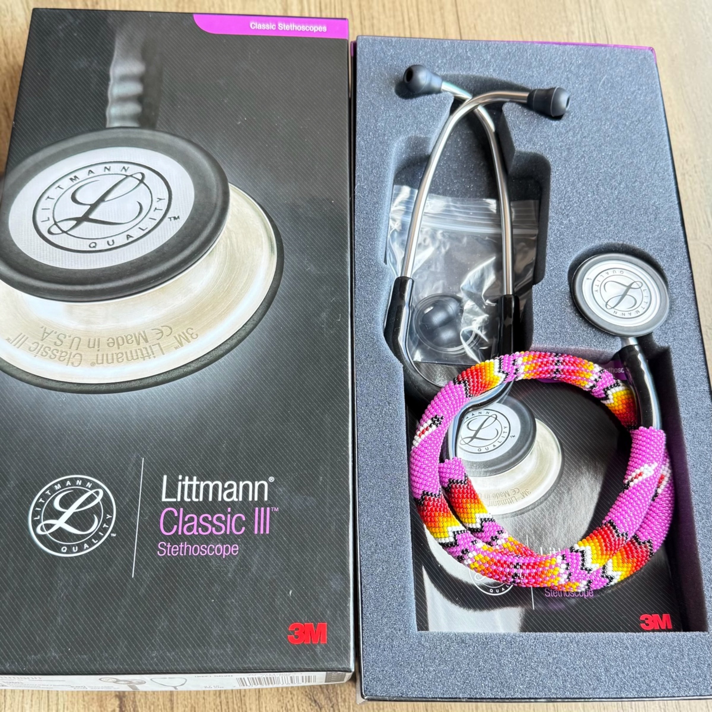 Navajo Beaded Littmann Classic III Stethoscope – Pink Feather Design