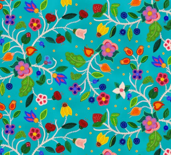 Spring Majesty Turquoise Hand Beaded Floral Cotton Fabric | Ribbon Skirt Fabric