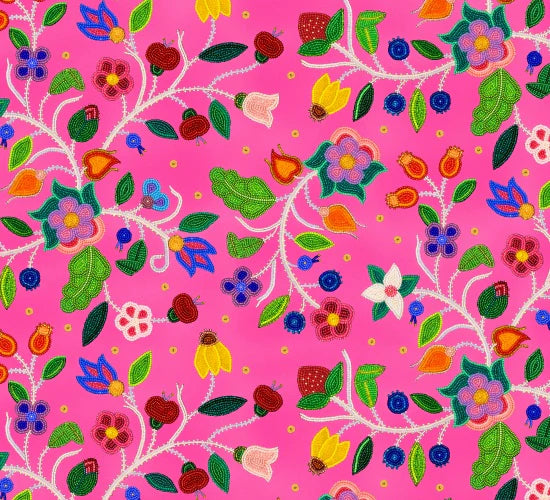 Spring Majesty Fuchsia Beaded Floral Cotton Fabric | Ribbon Skirt Fabric