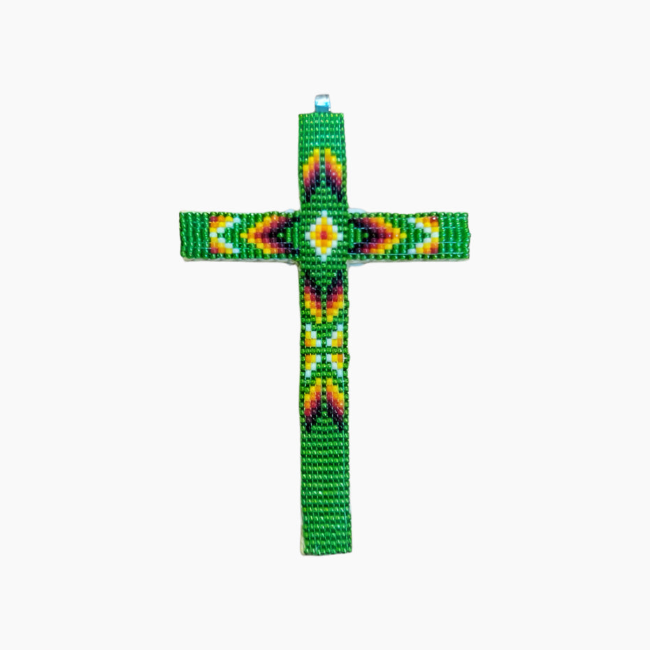 Beaded Cross Necklace Pendant Iridescent Green