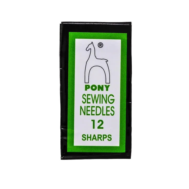 A pack of 12 sharps sewing needles by Pony Sewing Needles, featuring a black outer wrapper with a green and white label.