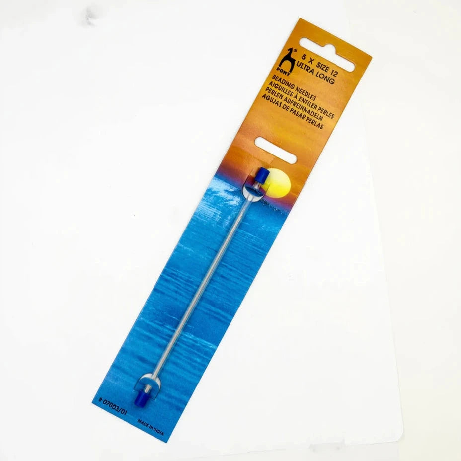 An ultra-long reading hook for fishing, packaged on a blue and orange backing card. The hook features a silver metal shaft with blue and yellow plastic tips.