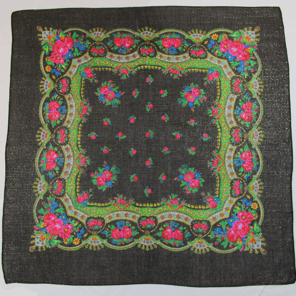 Floral Metallic Scarf Black 30"x30"