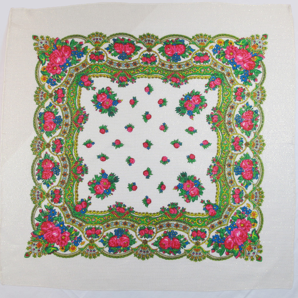 Floral Metallic Scarf White 30"x30"