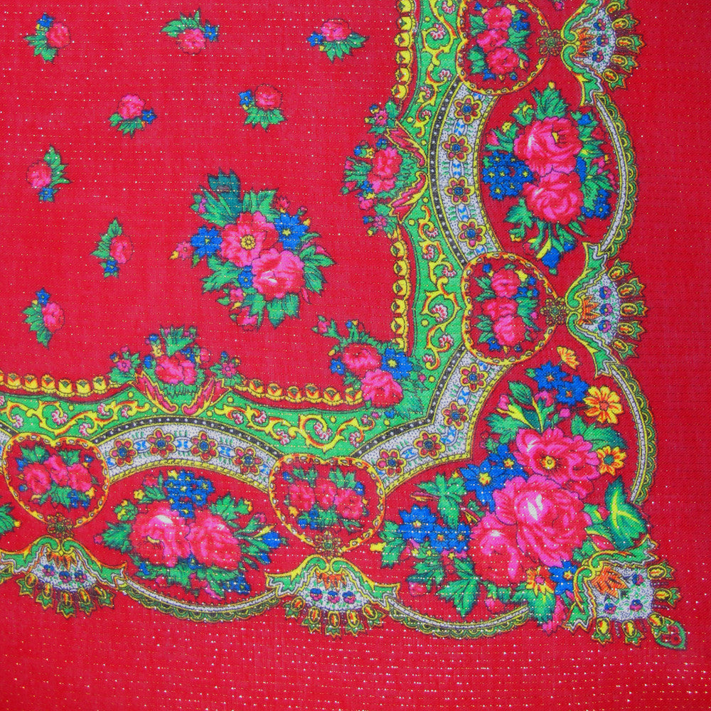 Floral Metallic Scarf Red 30"x30"