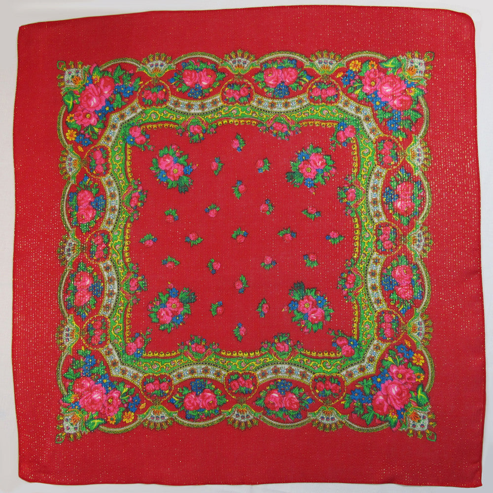 Floral Metallic Scarf Red 30"x30"