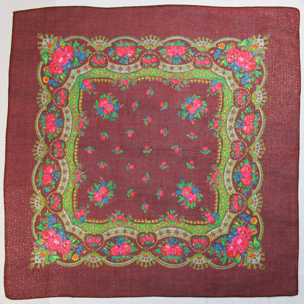 Floral Metallic Scarf Wine 30"x30"