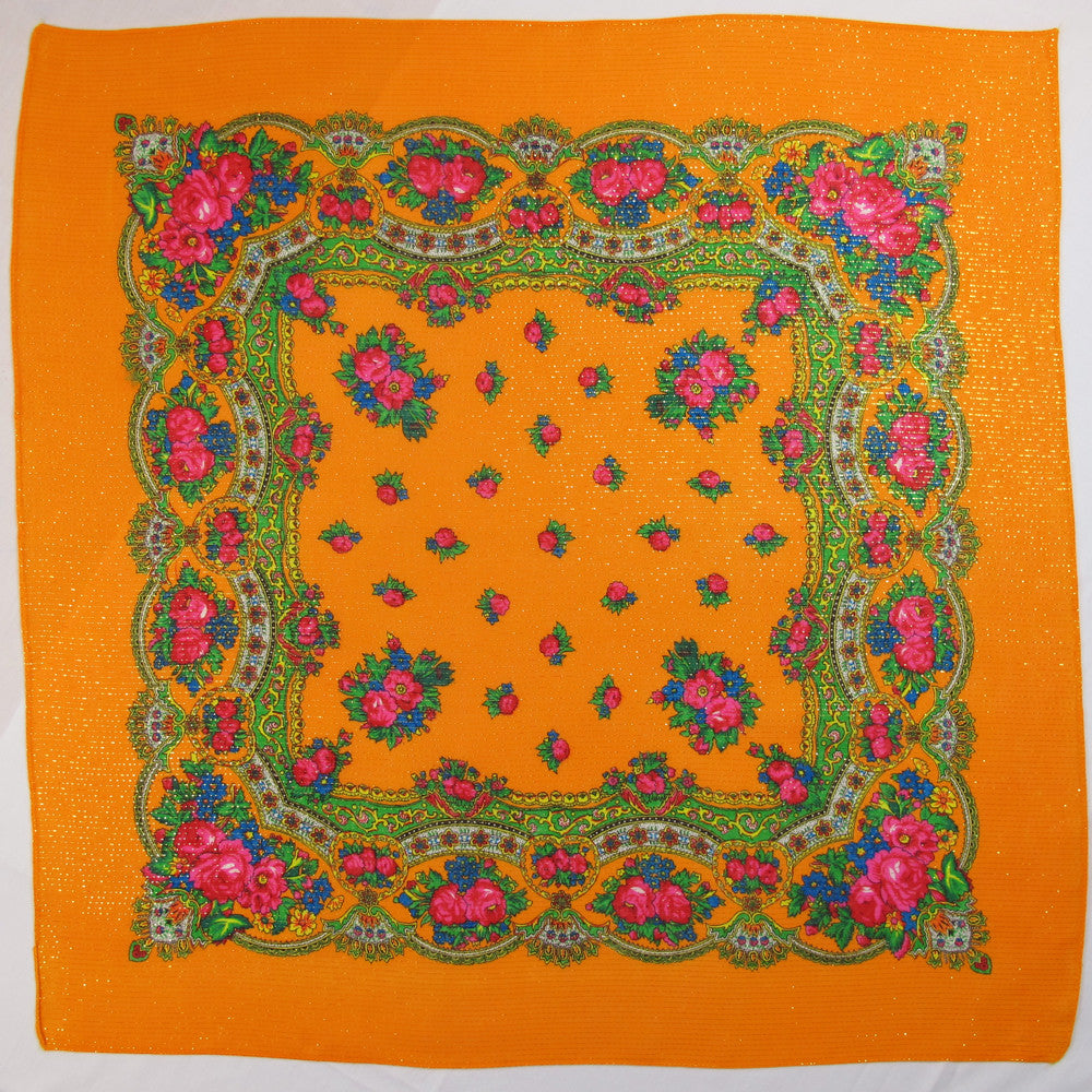 Floral Metallic Scarf Orange 30"x30"