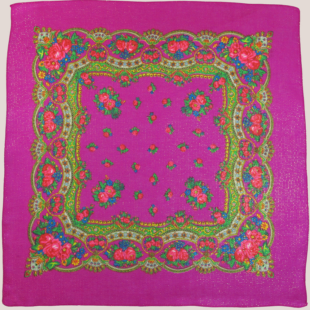 Floral Metallic Scarf Fuchsia 30"x30"