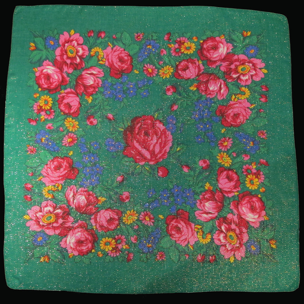 Rose Metallic Scarf Green 30"x30"