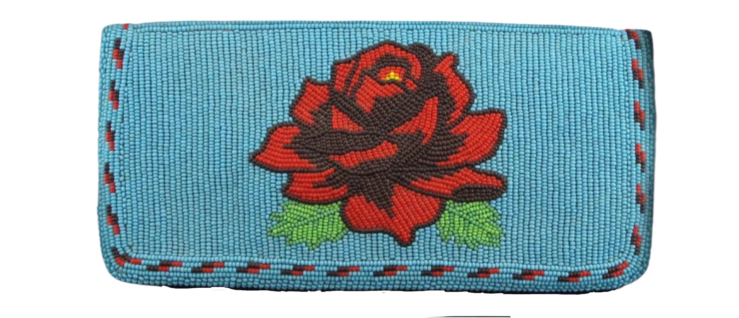 Blue beaded wallet with a red rose design on a black background