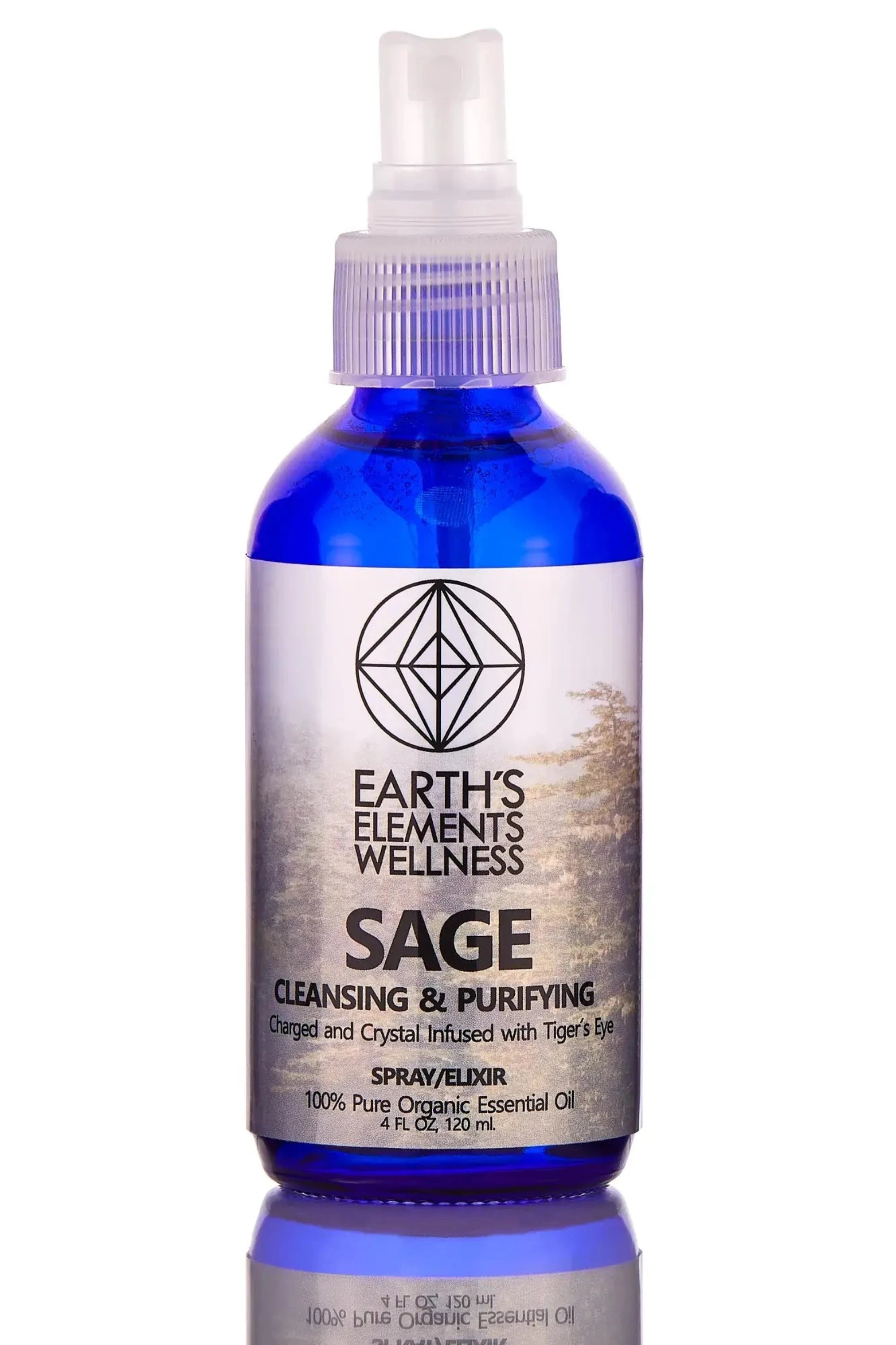 A blue spray bottle labeled 'EARTH'S ELEMENTS WELLNESS SAGE Cleansing & Purifying', infused with Tiger's Eye, and containing 4oz of essential oil spray.