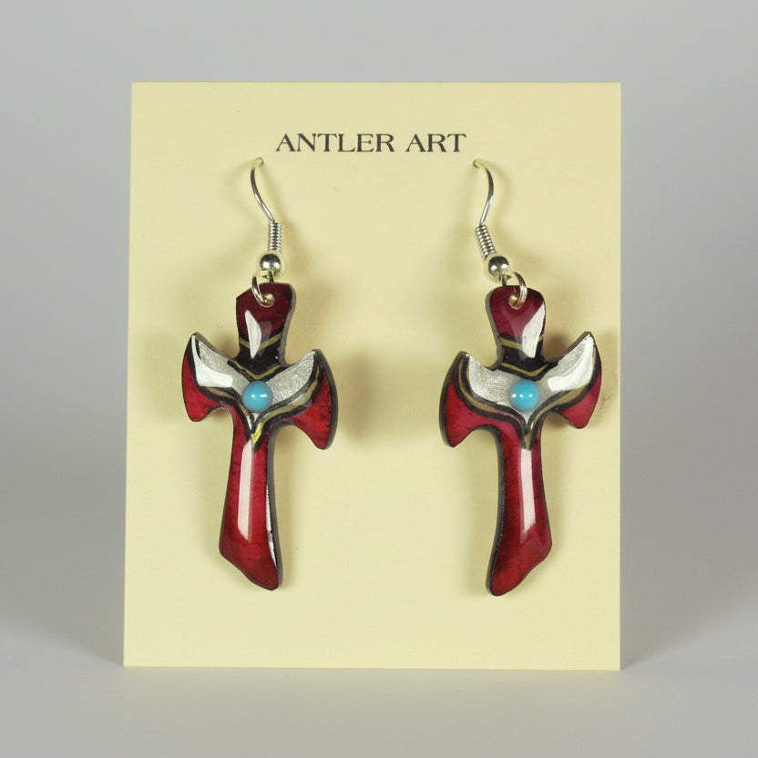 Antler Cross Earrings - Red