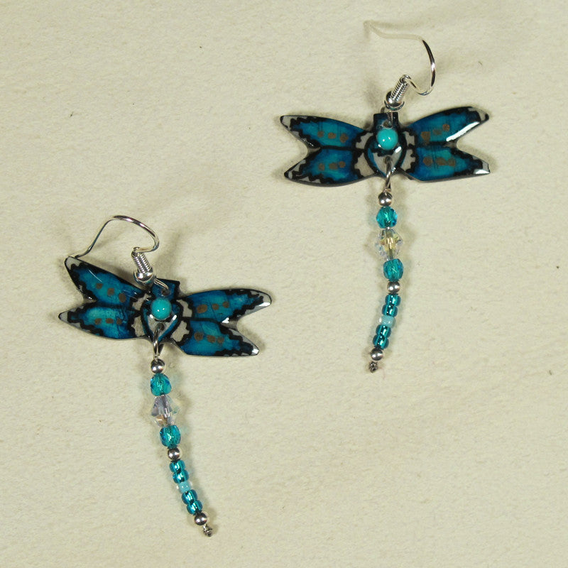 Blue & White Dragonfly Earrings - Handmade Moose Antler Jewelry