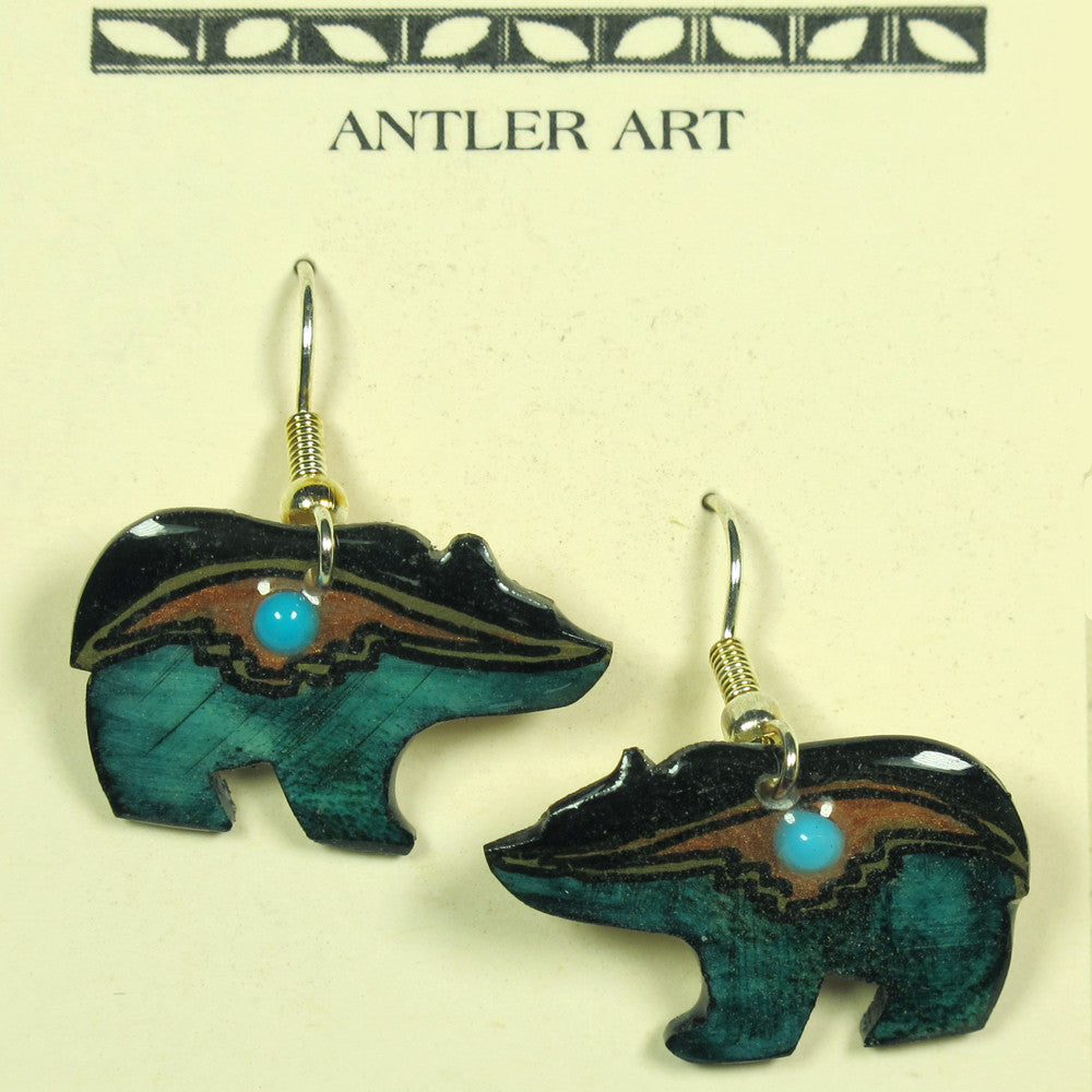 Teal Walking Bear Earrings - Hand Made Moose Antler Jewelry