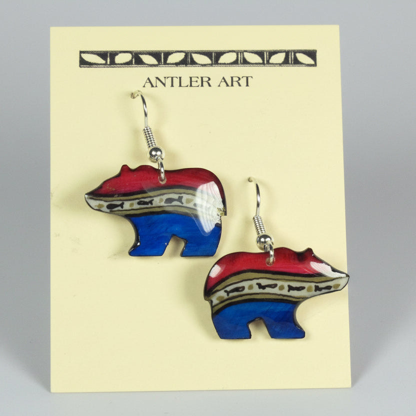 Red White & Blue Walking Bear Earrings - Handmade Moose Antler Jewelry