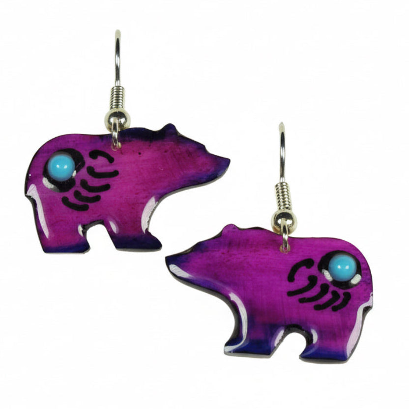 Purple Walking Bear Earrings - Handmade Moose Antler Jewelry