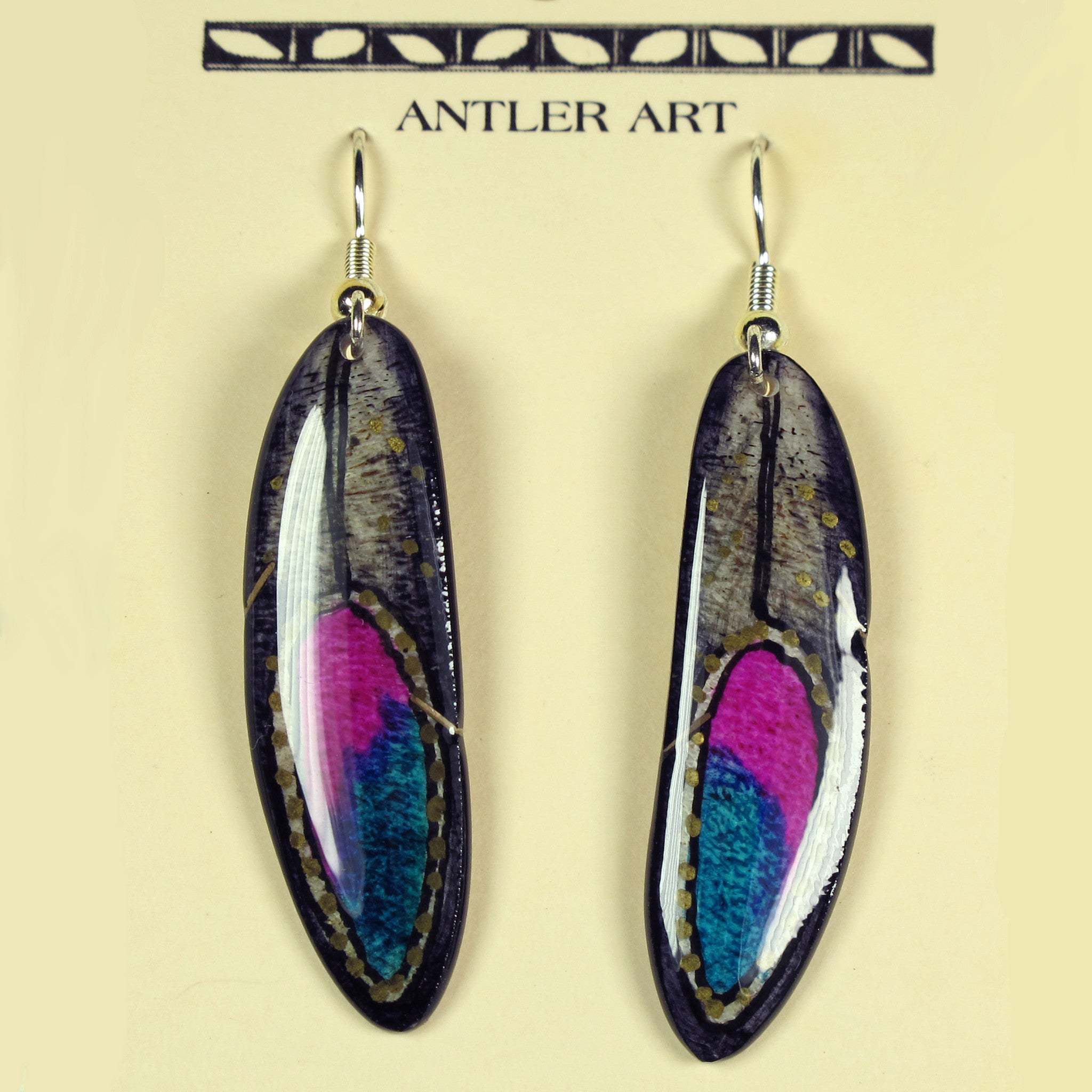 Grey Pink Teal - Falcon Feather Earrings - Hand Painted Moose Antler Jewelry
