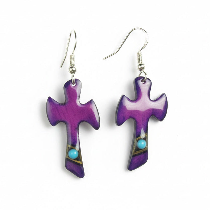 Purple Cross Earrings - Hand Painted Moose Antler Jewelry