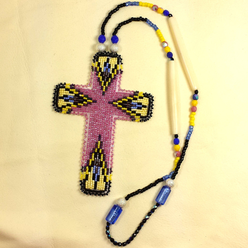 Large Beaded Cross Necklace Pink