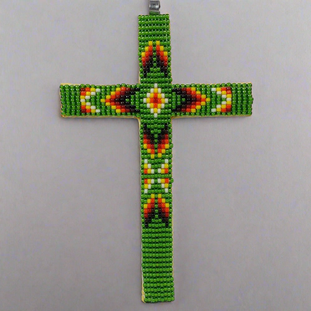 Beaded Cross Necklace Pendant Iridescent Green