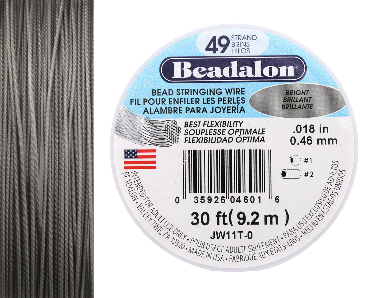 Beadalon 49-Strand Beading Wire – Bright | .018” (0.46 mm) | 30 Ft Spool