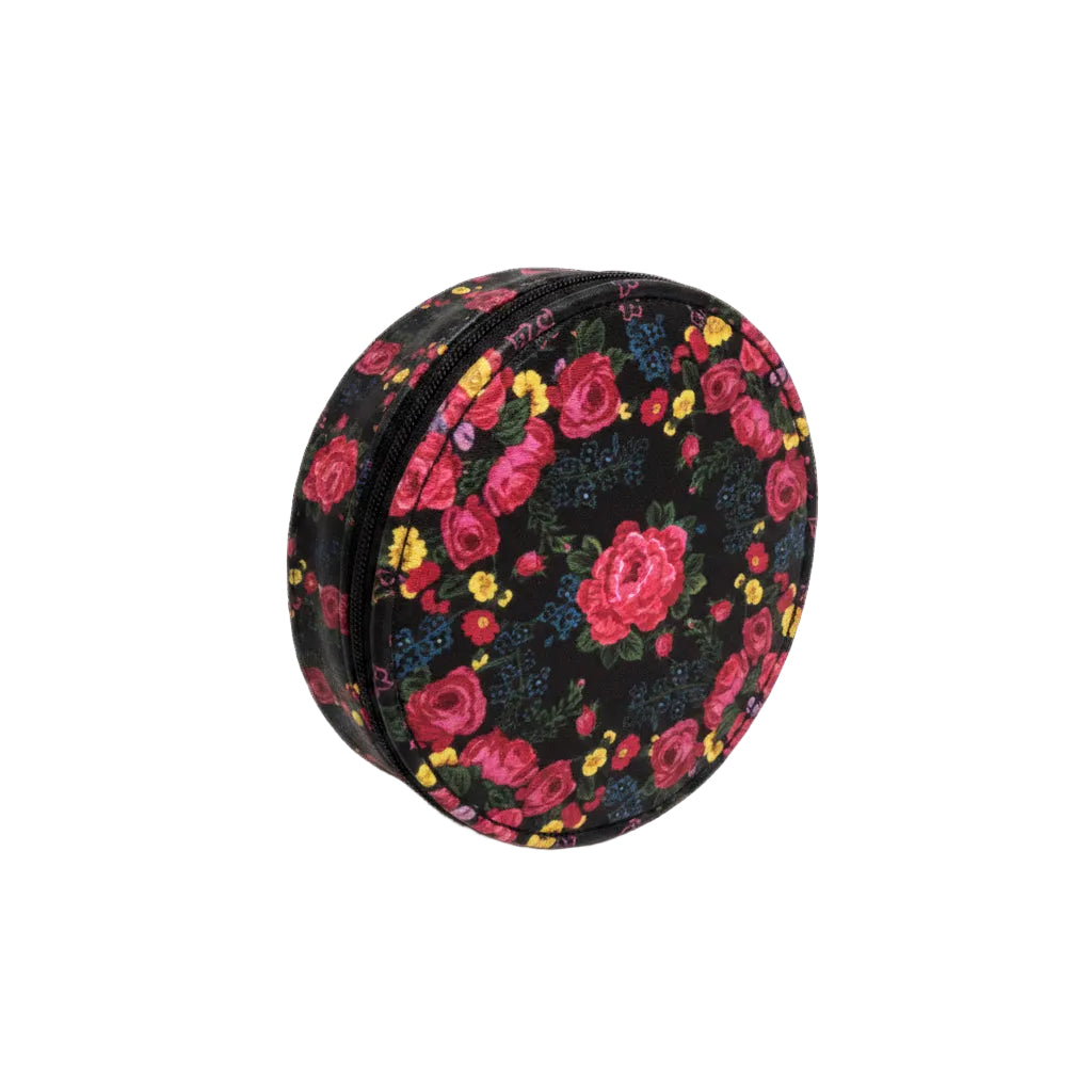 Floral patterned round pouch on a white background