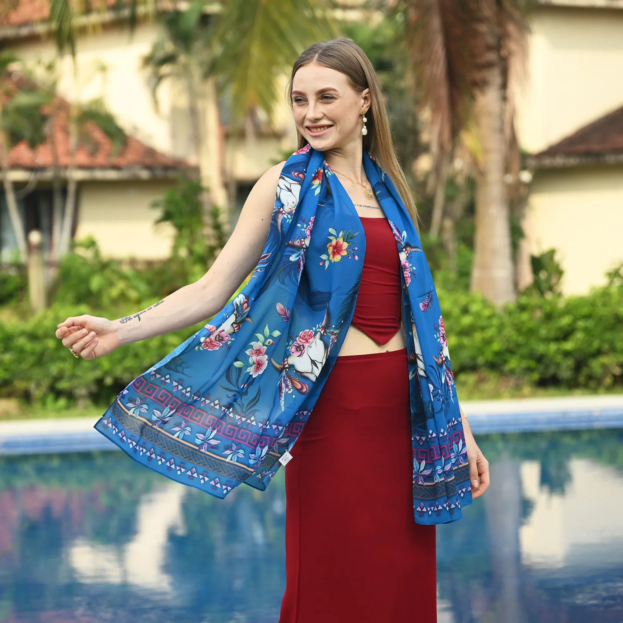 Chiffon Scarf – Buffalo Skull – Blue