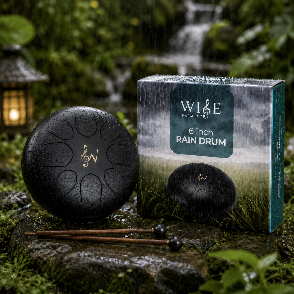 6-Inch Garden Rain Drum –Black Decorative Steel Tongue Drum