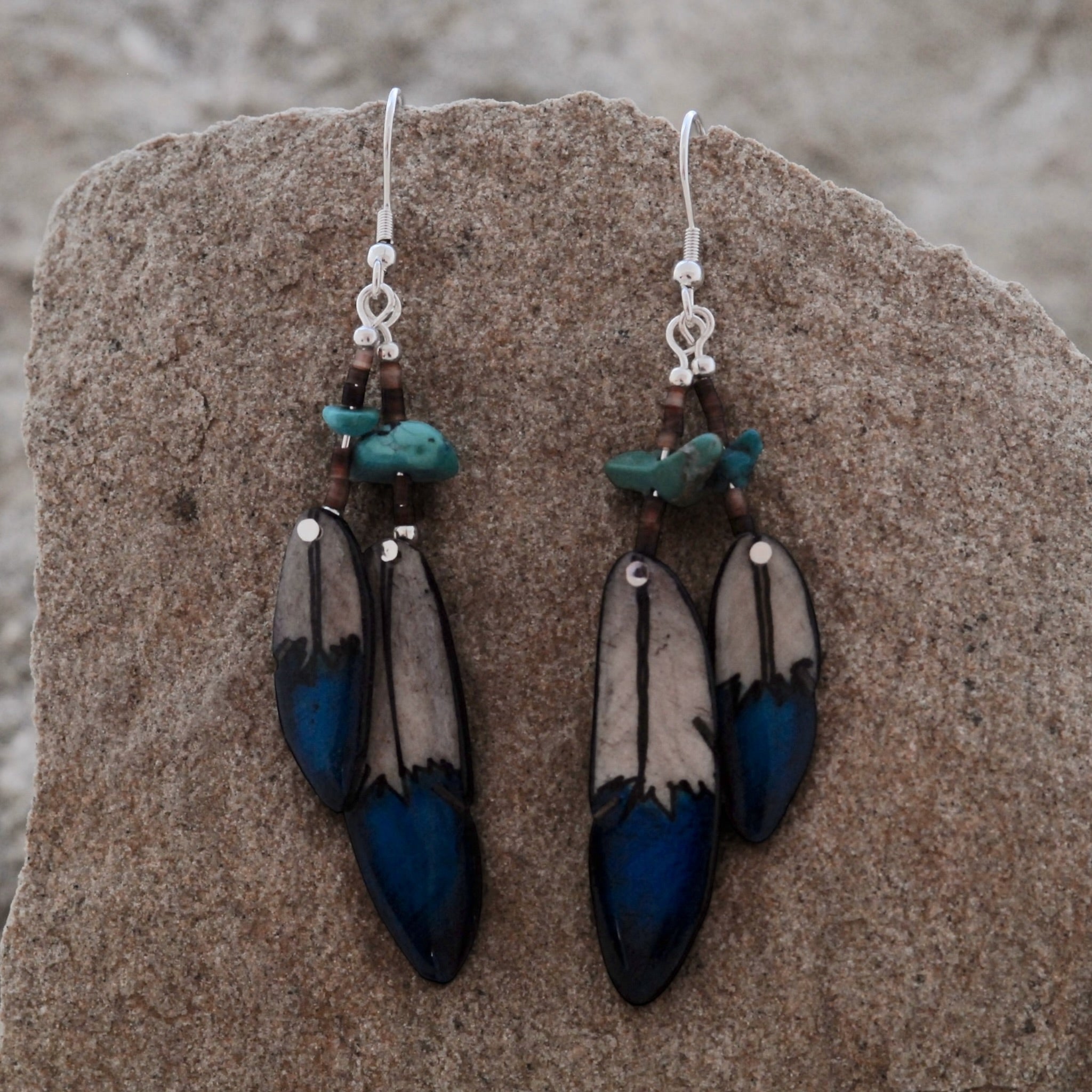 Antler Double Falcon Feather Earrings - Blue