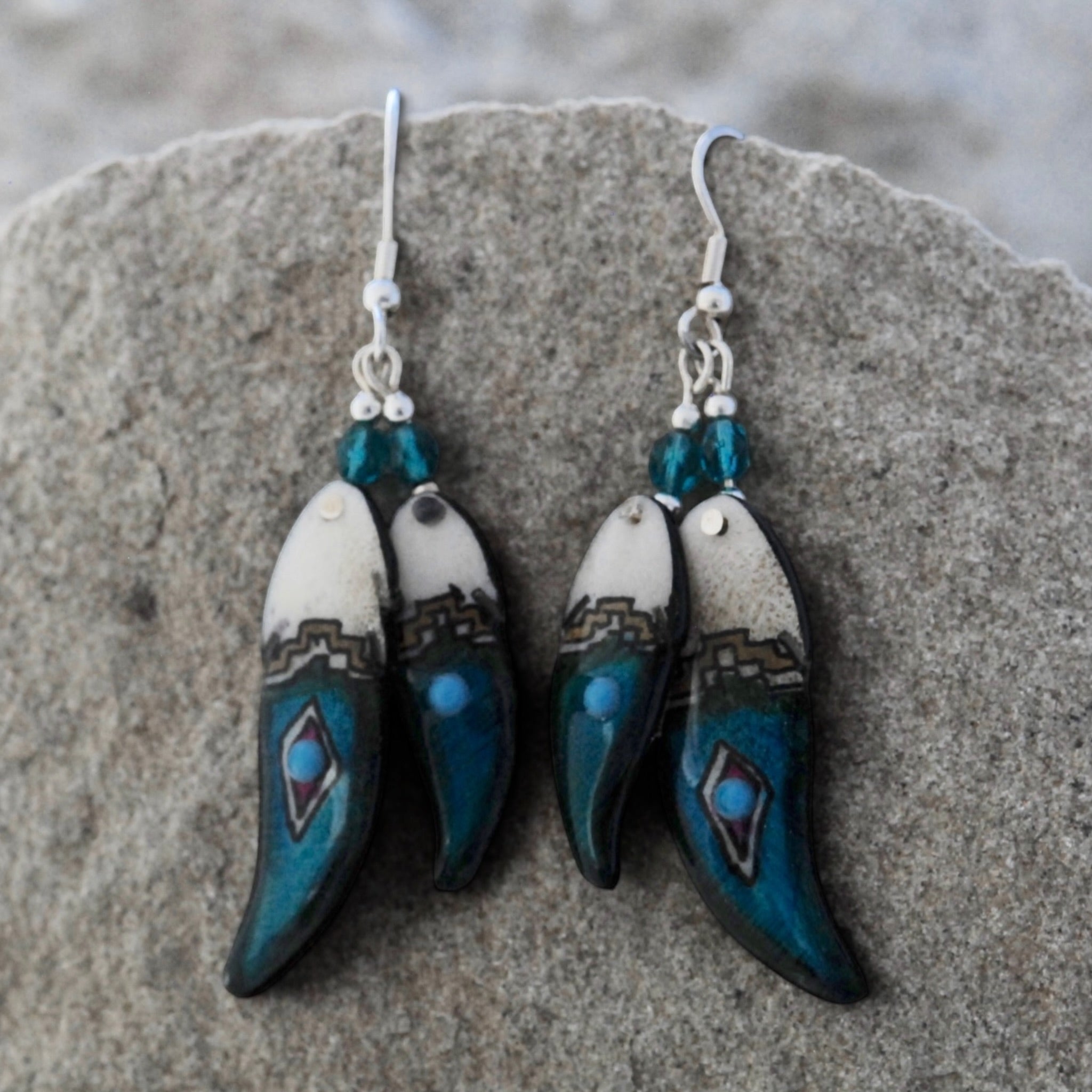Antler - Double Soaring Feather Earrings - Teal