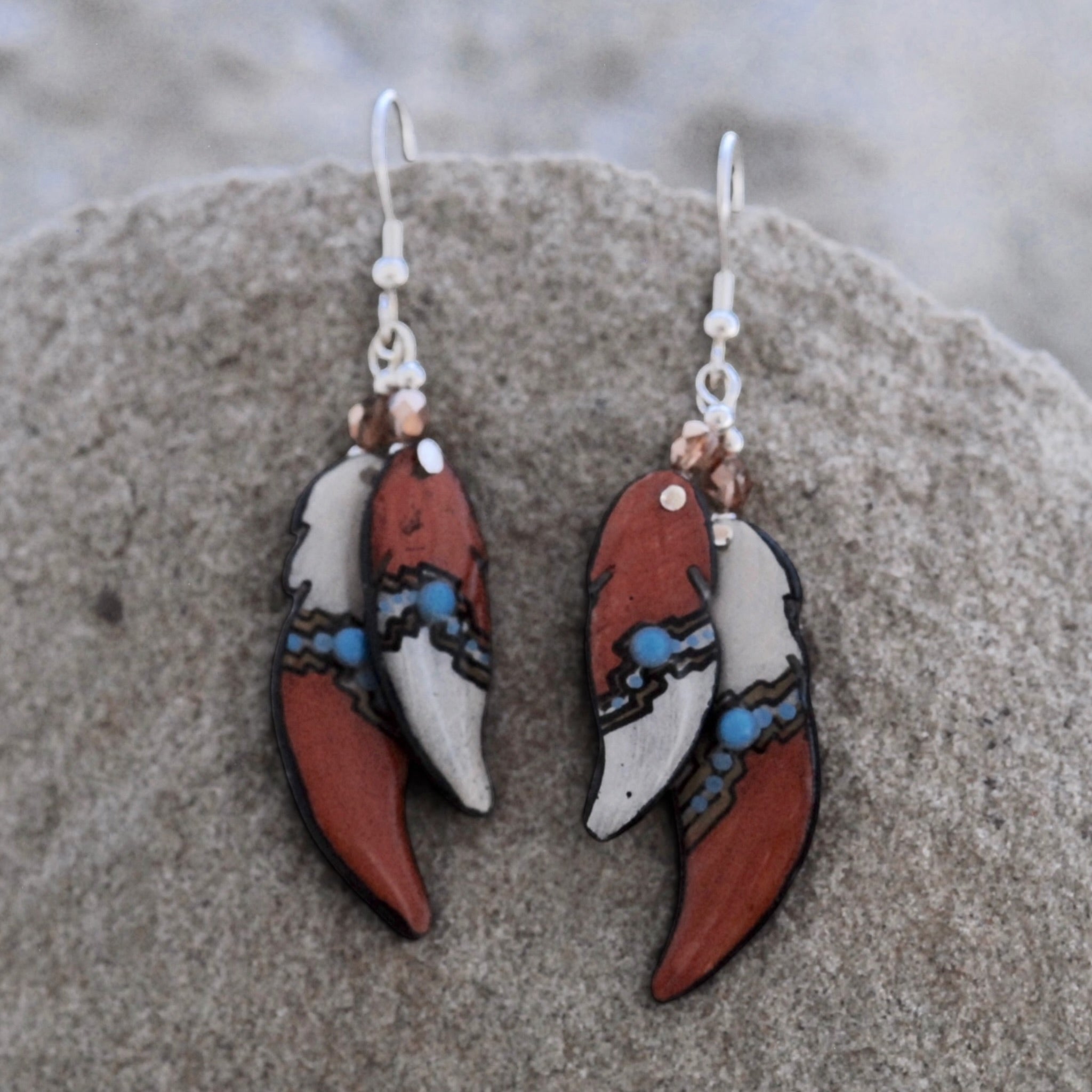 Antler Double Soaring Feather Earrings - Copper