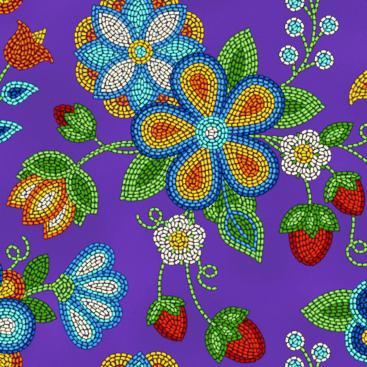 Tucson Beaded Strawberry Floral Purple Cotton Fabric | Ribbon Skirt Fabric