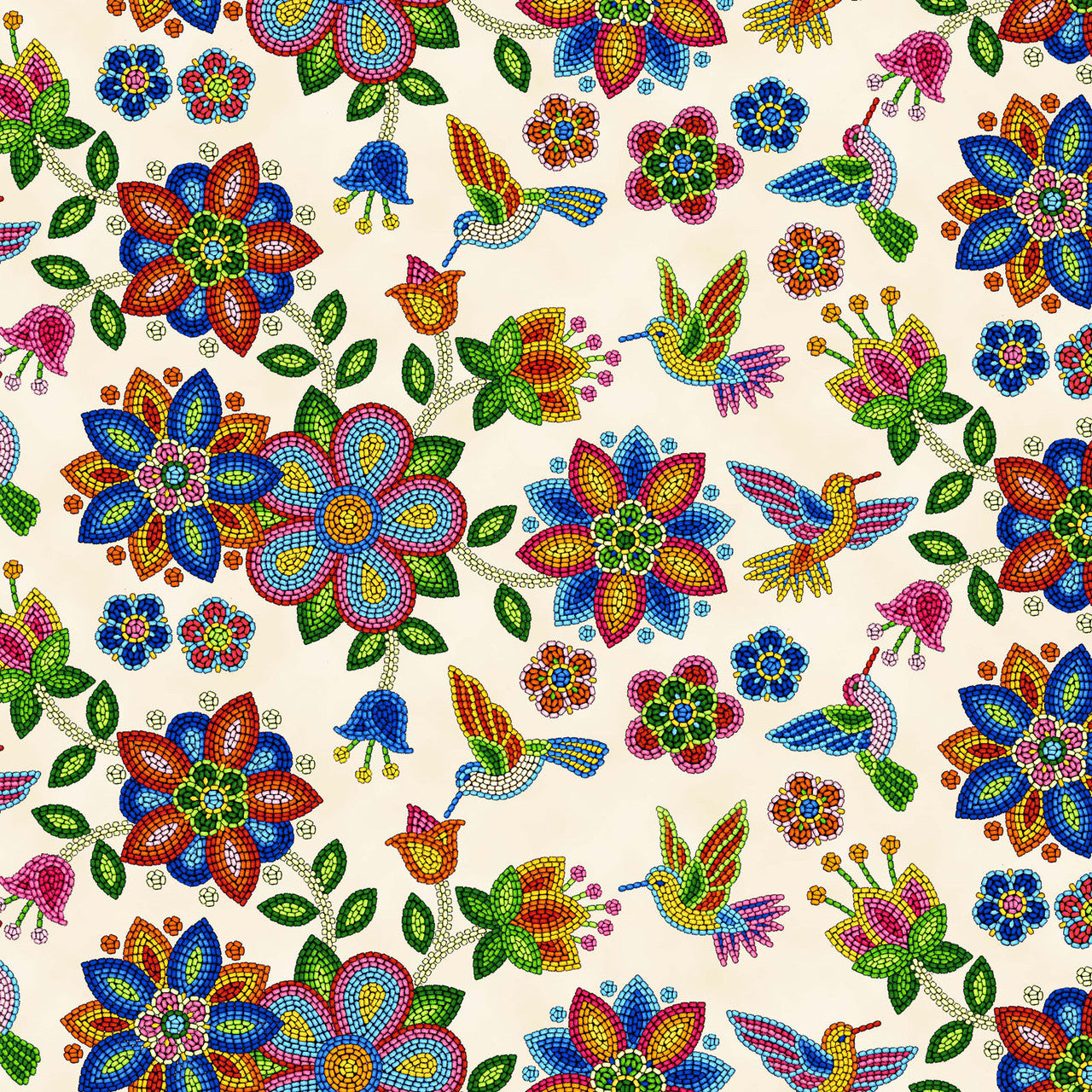 Tucson Beaded Hummingbird Floral Cream Cotton Fabric | Ribbon Skirt Fabric